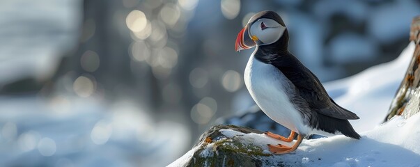 A close up of the beautiful Atlantic puffin fratelcula bird in the wild nature. - obrazy, fototapety, plakaty