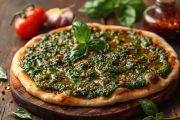 Artisanal pesto pizza featuring authentic Italian ingredients and a homemade vibe