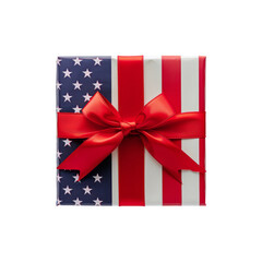 An American flag-themed gift box tied with a bold red ribbon, perfect for patriotic events or holidays like the Fourth of July, Independence day, Memorial Day. White background