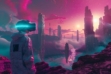 : A towering virtual reality headset displays a breathtaking alien landscape, painted in hues of magenta and teal.