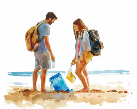Watercolor illustration. Boy and girl cleaning up trash on beach. Waste and ecology. Pollution of the planet. Isolated picture on white background. 