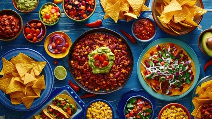 Feast your eyes on a vibrant Mexican spread featuring classic dishes like chili con carne tacos tangy tomato salsa and crispy corn chips with creamy guacamole The colorful tableau is beauti - obrazy, fototapety, plakaty