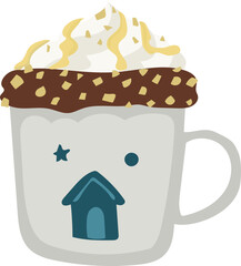 Christmas mug with hot drink illustration on transparent background.
