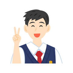 ピースサインをするベストを着た高校生の顔。フラットなベクターイラスト。 Face of a  high school student wearing a vest, making a peace sign. Flat vector illustration.