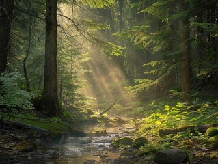 Obraz premium Deep within the ancient forest, shafts of sunlight pierced the dense canopy