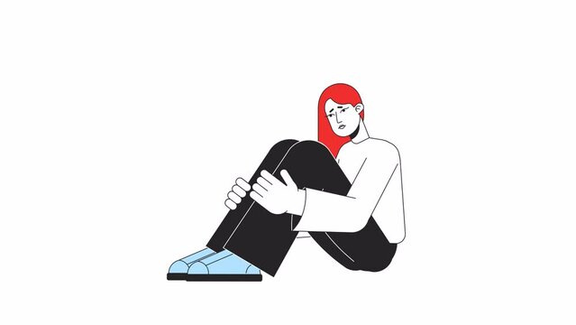 Unhappy woman sitting alone line 2D character animation. Negative emotions flat color cartoon 4K video, alpha channel. Depressive female hugging knees animated person on white background