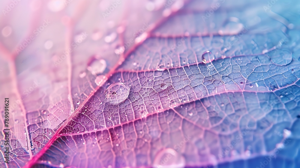 Poster Transparent skeleton leaf with beautiful texture on a blue and pink background glass with shiny water drops closeup macro Bright expressive artistic image nature free space : Generative AI