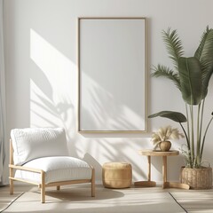 White chair in modern living room with white walls and blank frame