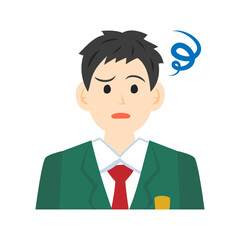 ブレザーを着た悩む高校生の顔。フラットなベクターイラスト。 Face of a troubled high school student wearing a blazer. Flat vector illustration.