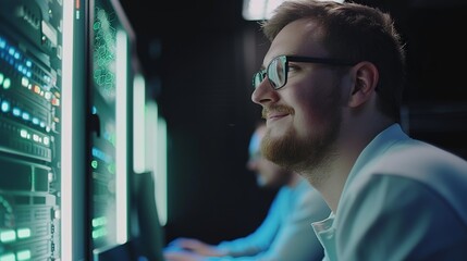 Dedicated IT specialist engages in advanced programming on green mock-up screen in modern data center control room surrounded by professional coding team