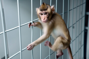 A small monkey hangs from a metal cage in an experiment laboratory