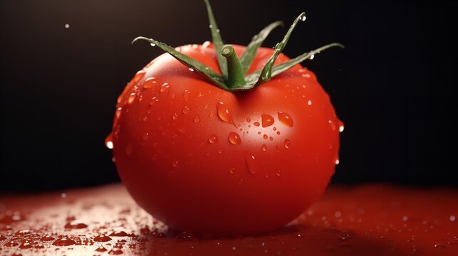 Tomate avec de l'eau sur un fond rouge