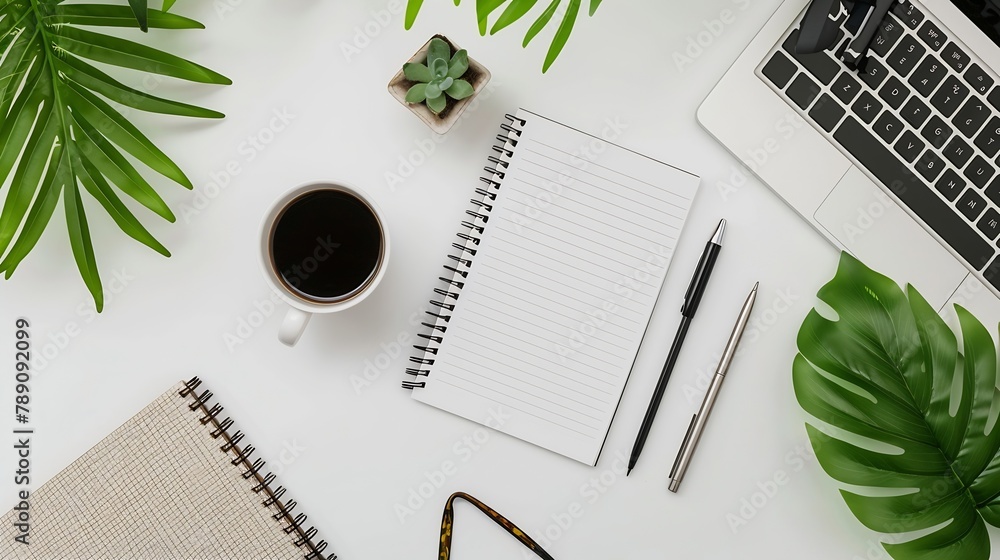 Aufkleber Styled stock photography white office desk table with blank notebook computer supplies and coffee cup Top view with copy space Flat lay : Generative AI