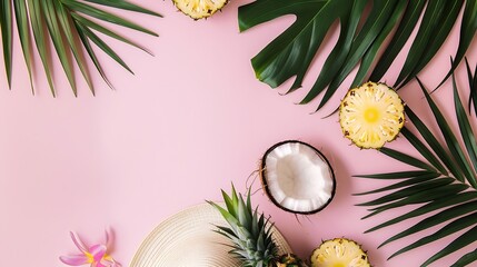 Summer composition Tropical palm leaves hat pineapple coconut on pastel pink background Summer concept Flat lay top view copy space : Generative AI - Powered by Adobe