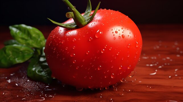 Tomate avec de l'eau sur un fond rouge