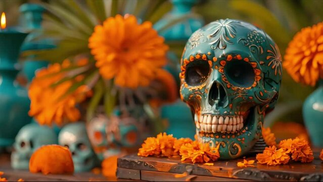 Vibrant Day of the Dead Celebration with Artistic Skulls and Marigolds. Concept Day of the Dead Decor, Sugar Skull Inspiration, Marigold Arrangements, Colorful Altar Displays