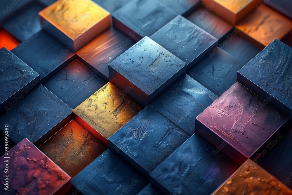 Poster image focusing on the contrast of warm and cool colors on a series of abstract cubes, creating depth