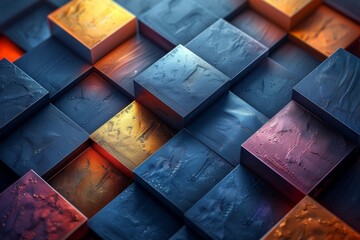 Image focusing on the contrast of warm and cool colors on a series of abstract cubes, creating depth - obrazy, fototapety, plakaty