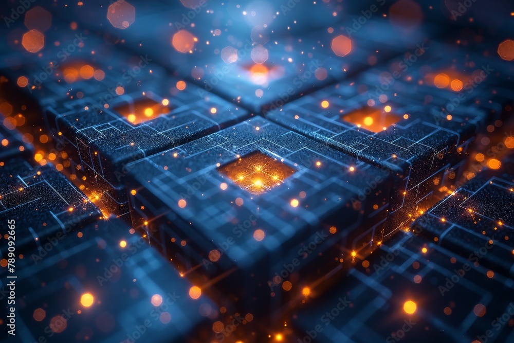 Poster intriguing digital art showing glowing energy at the nexus of a structured grid of geometric cubes