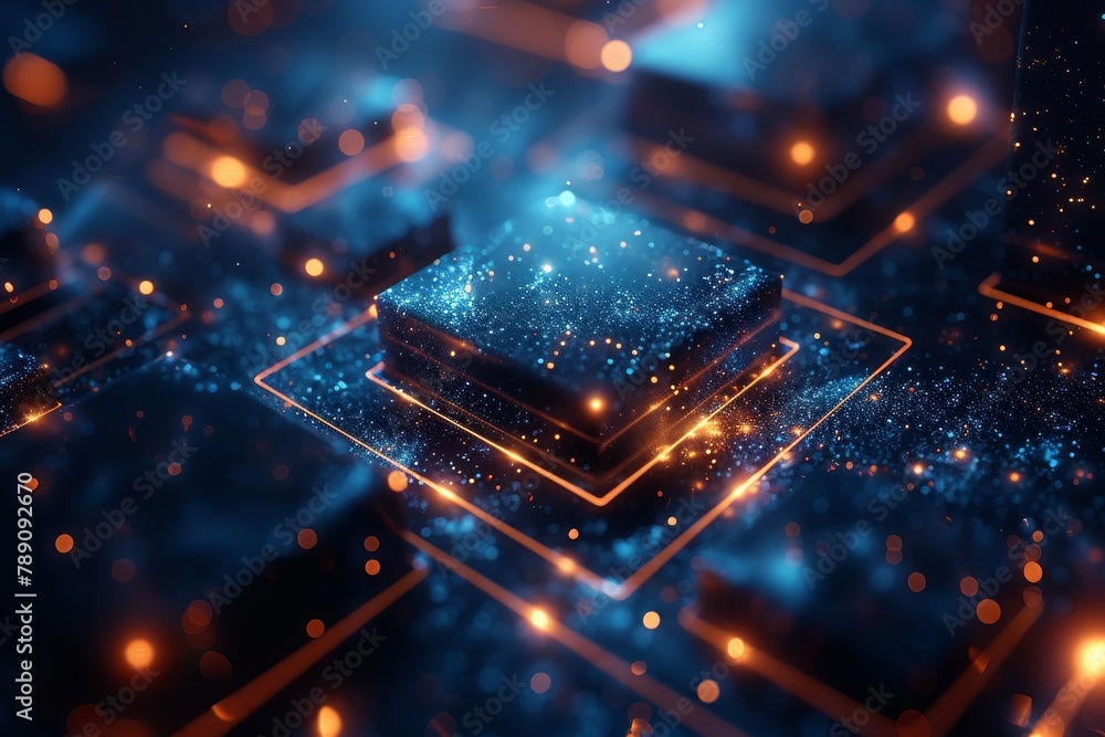 Poster close-up of a glowing blue cube resembling technological advancement on a circuit board with a futur