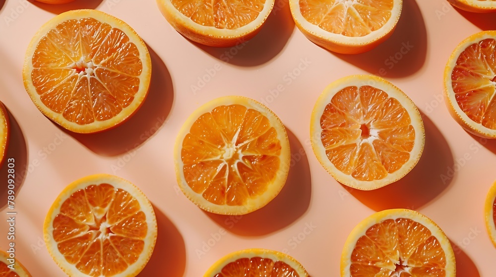 Poster slices of delicious oranges on color background flat lay : generative ai