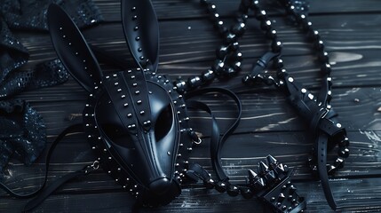Black rabbit mask studded leather bracelets and neck choker on the black wooden table background with copy space : Generative AI - obrazy, fototapety, plakaty