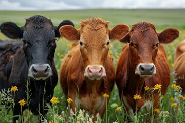 A close-up shot of three cows with different coat colors looking directly at the camera in a serene field