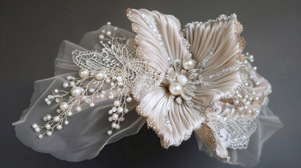 An elegant fascinator embellished with shimmering pearls and delicate lace,