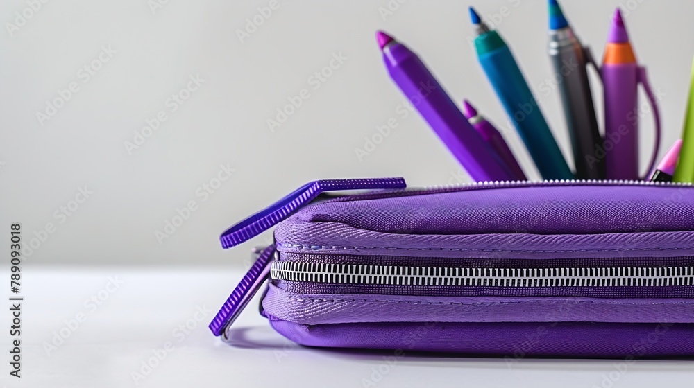 Poster purple notebook with pencil case pen and marker isolated on white background : generative ai