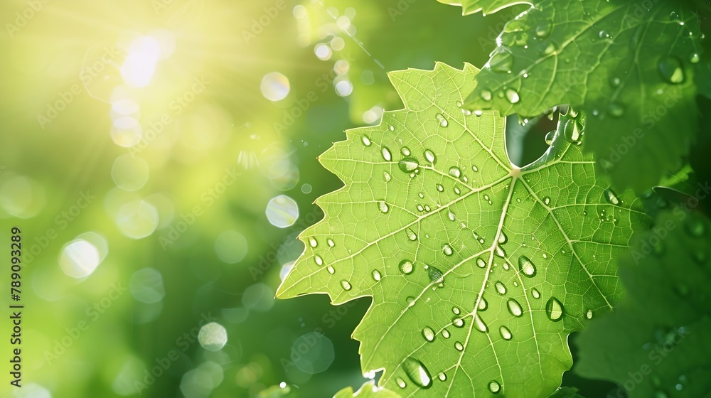 Poster closeup of raindrops on grape leaves : generative ai