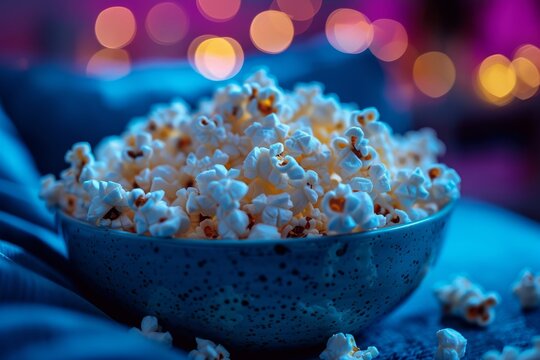 Artful image of a bowl of popcorn with a creative blue mood lighting, ideal for movie watching aesthetics