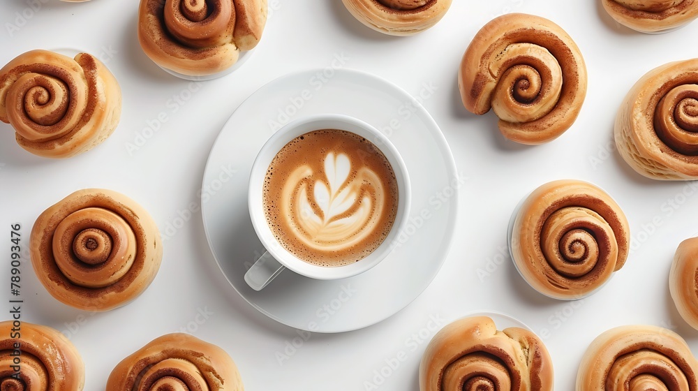 Poster creative layout made of cinnamon buns and cup of coffee on the white background flat lay food concep