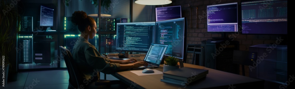 Aufkleber The female programmer in the data center has in-depth knowledge of data protection, developing and implementing protective mechanisms to ensure the confidentiality and integrity of information. Banner