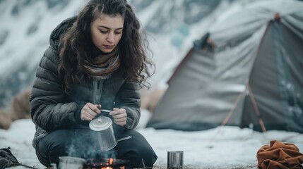Woman cooking outdoors in the snow with cooking utensils, AI-generated.