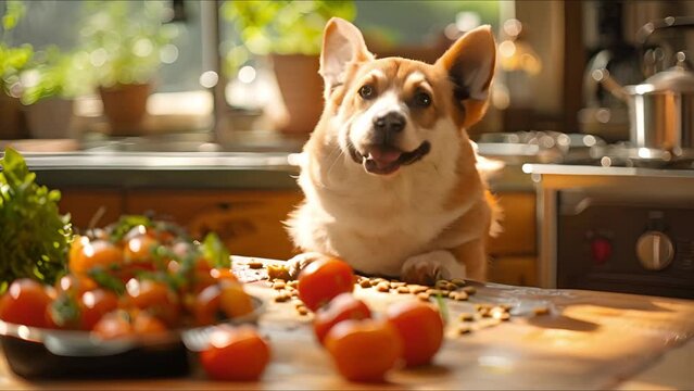 Curious Corgi Amidst Kitchen Delights in Sunlight. Concept Pets, Corgi, Kitchen, Sunlight, Photography