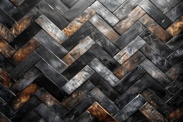 Close-up shot of dark wooden herringbone-patterned parquet with rich textures and patterns, denoting elegance