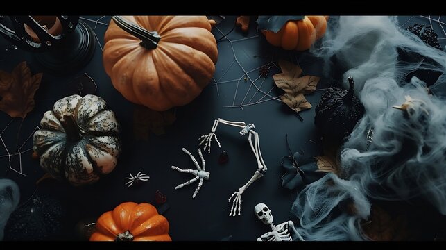 Happy Halloween flat lay composition with pumpkins bats ghosts skeleton arms spiders webs Top view copy space Halloween holiday greeting card mockup : Generative AI