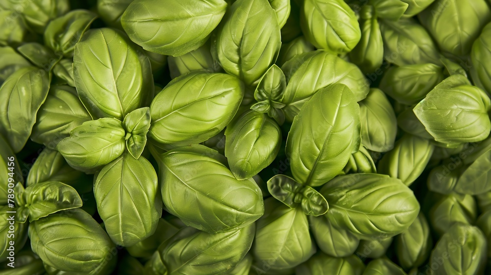 Poster close up full frame top view studio shot of fresh green basil he : generative ai