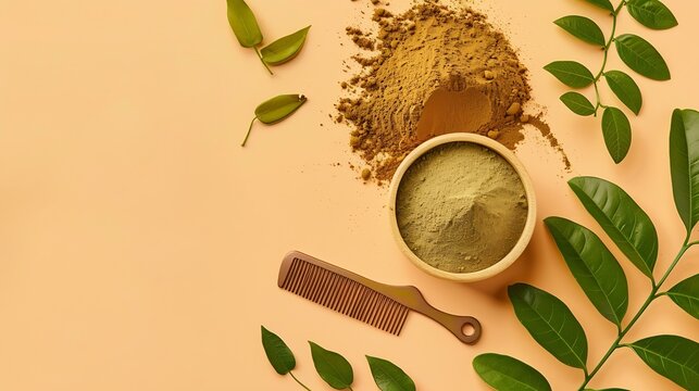 Henna powder green leaves and comb on beige background flat lay Natural hair coloring : Generative AI