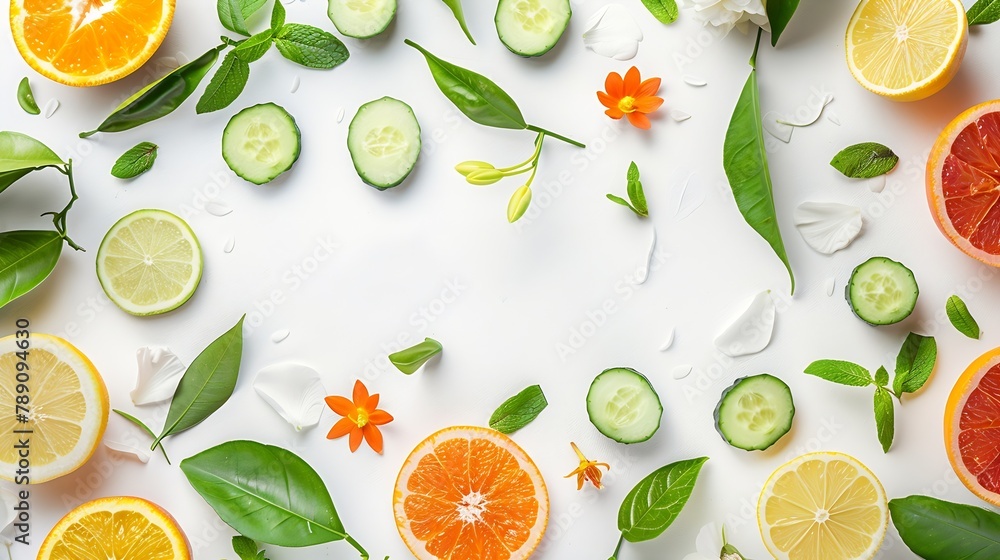 Poster colorful frame with fresh citrus fruits cucumbers leaves and flowers flat lay on white table : gener