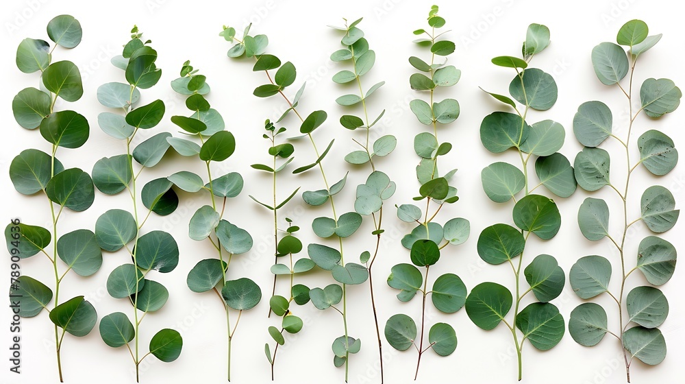 Aufkleber green leaves eucalyptus on white background flat lay top view : generative ai