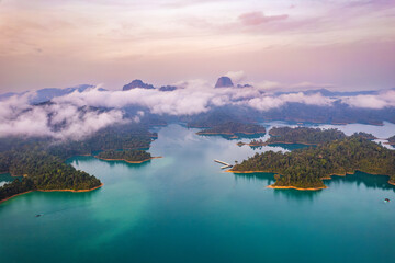 Aerial view of Khao Sok national park at sunrise, in Cheow lan lake, Surat Thani, Thailand