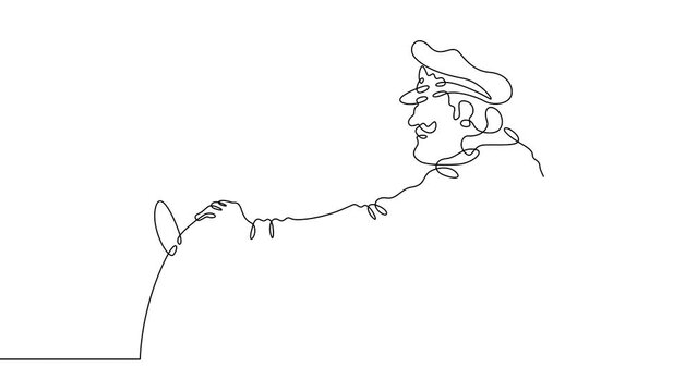 Animation drawing continuous one drawn line. The ship's captain is at the helm. An officer controls a sea vessel. A bearded sailor in a uniform and cap.