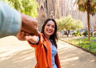 Foto auf Leinwand Multiracial beautiful happy couple of lovers dating in Barcelona © oneinchpunch