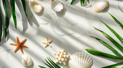 Summer vibes Tropical palm leaf seashells and starfish Flat lay top view : Generative AI