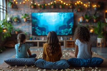 Three friends sitting on floor pillows engrossed in an animated movie on a large TV amidst a...