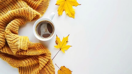 Autumn composition Cup of coffee yellow sweater plaid on white background Autumn fall concept Flat lay top view copy space : Generative AI