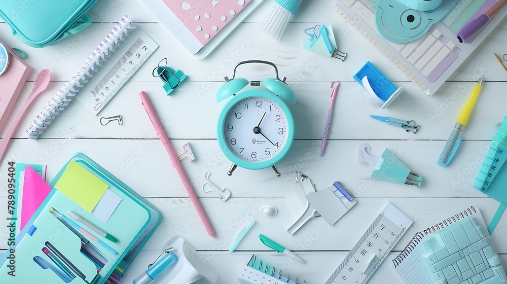Poster different stationery with alarm clock and stylish school uniform on white wooden background : genera