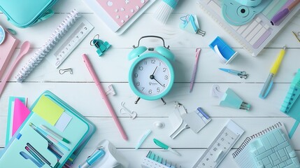 Different stationery with alarm clock and stylish school uniform on white wooden background : Generative AI