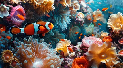 a captivating image showcasing the graceful swimming of a beautiful anemonefish amidst vibrant...